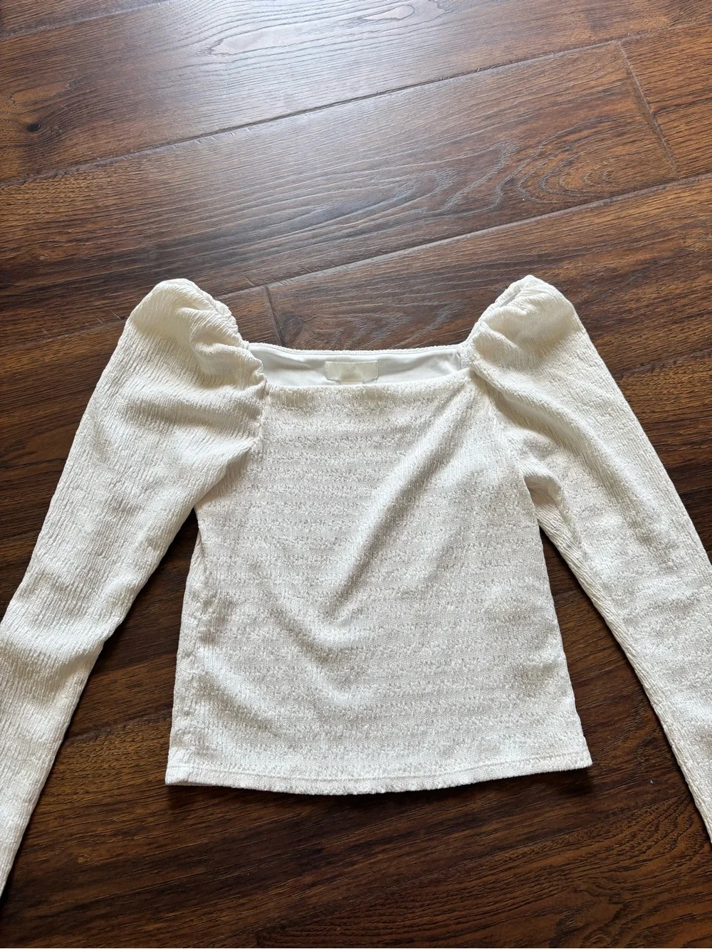 H&M Cream Textured Square Neck Long Sleeve Top